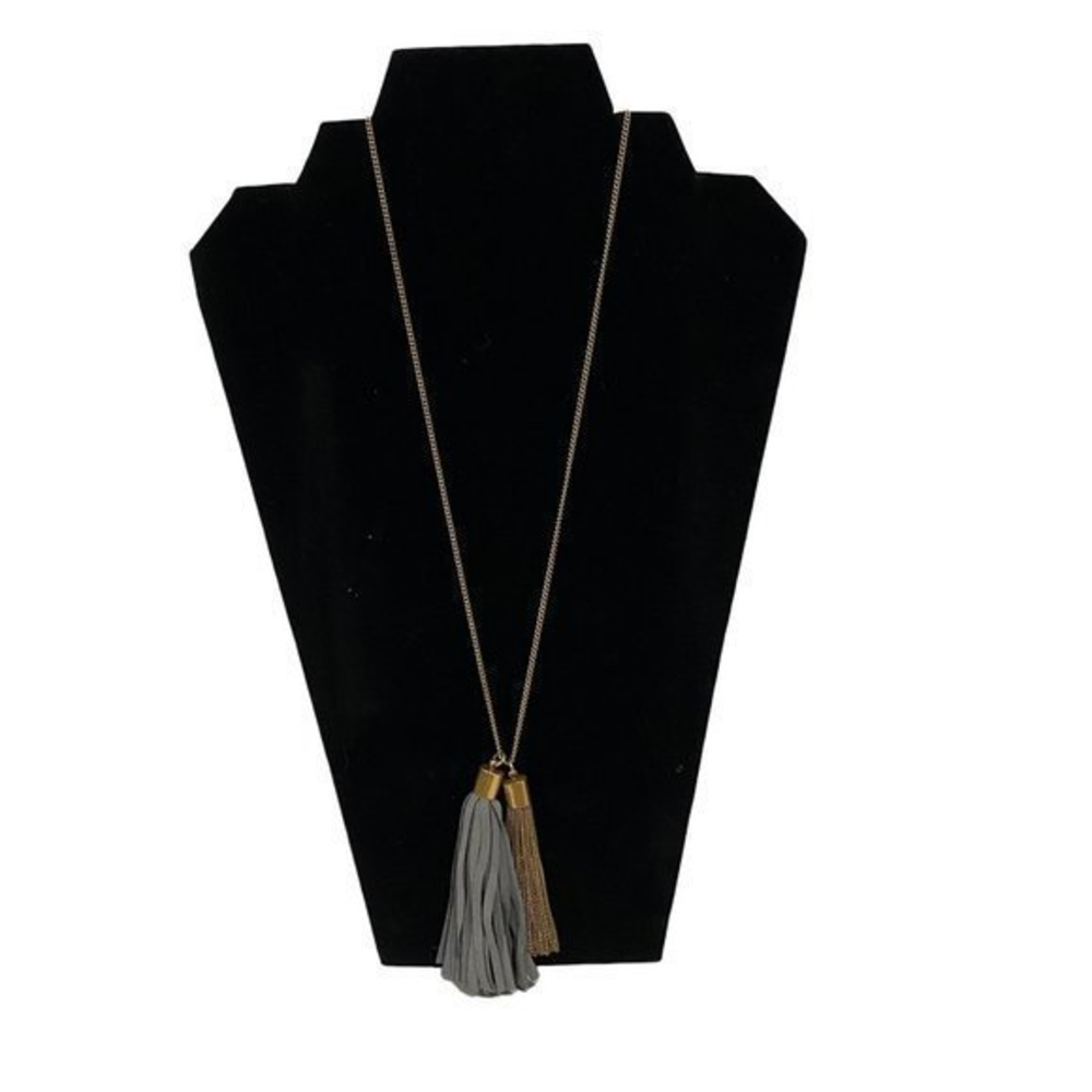 J. Crew Long‎ Necklace Double Tassel Gold Tone Gray Faux Suede Gold Tone Chain